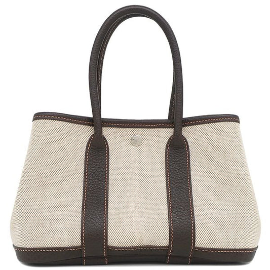 Hermes Tote Bag Garden Party Ttpm Toile Ash Leather Beige and Brown Silver