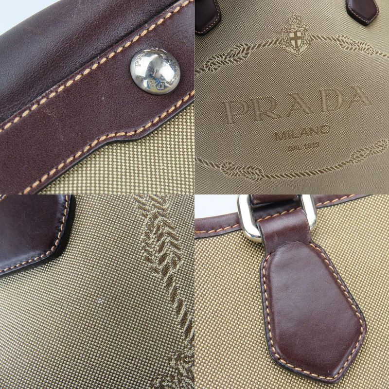 Prada Tote Canvas Leather Beige Brown Silver Hardware Logo Shoulder Casual