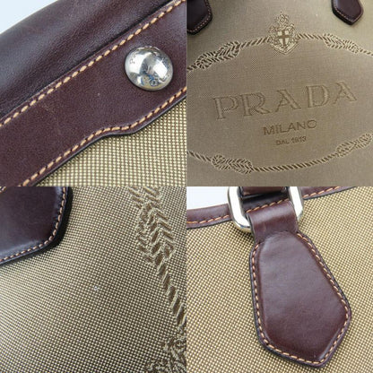 Prada Tote Canvas Leather Beige Brown Silver Hardware Logo Shoulder Casual