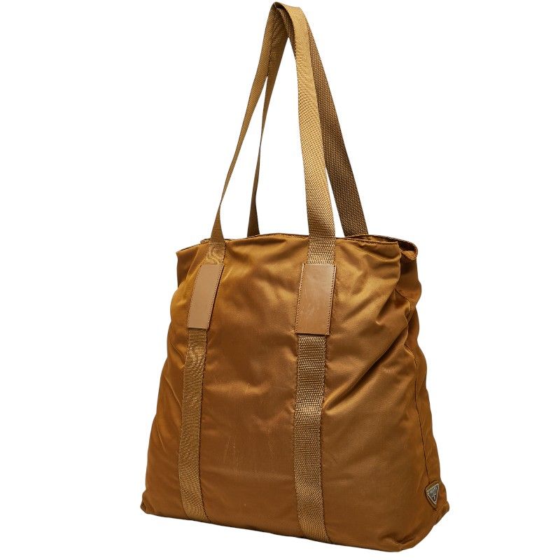 Plat Da Triangle Logo Plate Tote Shoulder Bag Brown Nylon Leather Women Prada