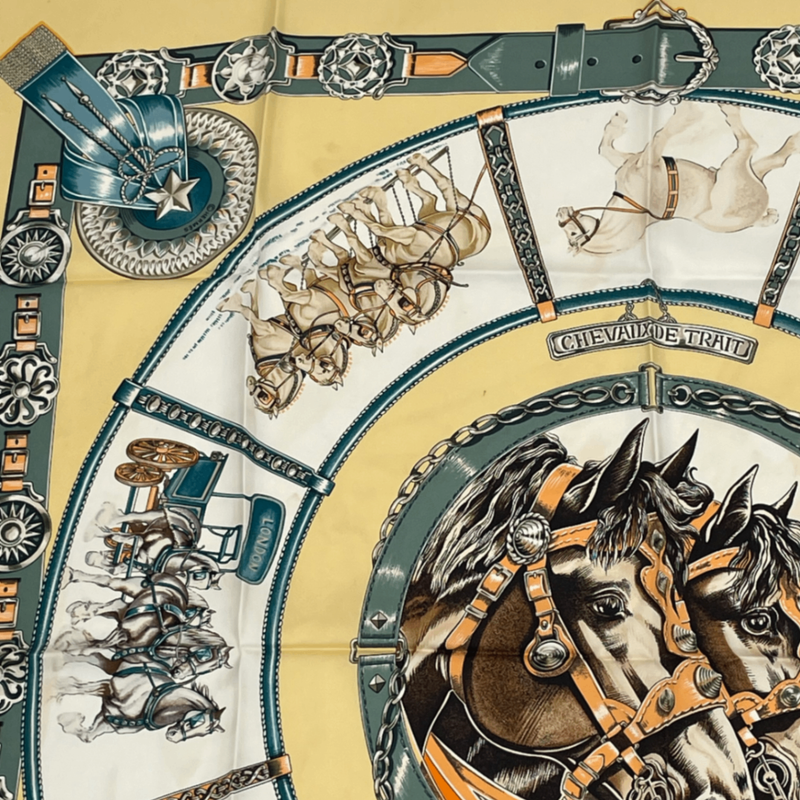 Hermes Carre 90 Chevaux DE Trait Cart Horse Scarf Silk Yellow