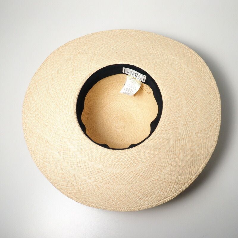 Hermes Anouk Hat Size 58 Straw Hat H Logo Checkered Ribbon 20240428 Gp6245