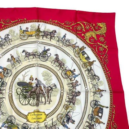 Hermes Scarf Silk Carre 90 LA Promenade DE Longchamps Walk To Ron Chien Red