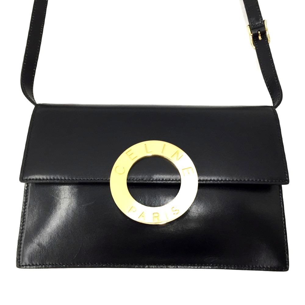 Celine Circle Logo Leather Shoulder Bag Old Vintage M13 Black