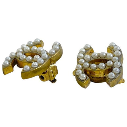 Chanel Earring 01A Coco Mark Faux Pearl Gold GP Accessories Jewelry Chanel
