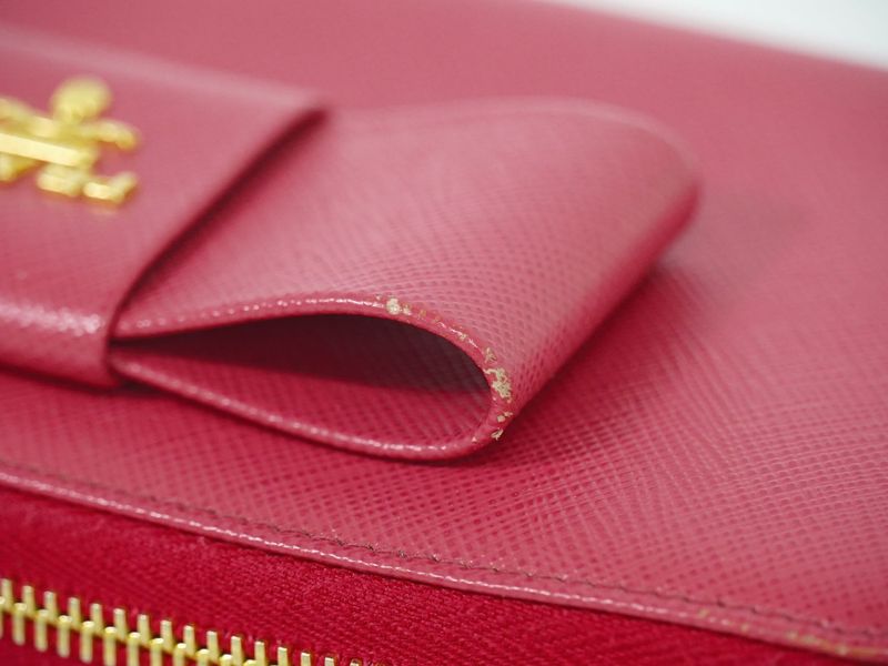 Authentic Prada Ribbon Round Zipper Long Wallet Long Wallet Leather Pink Wallet