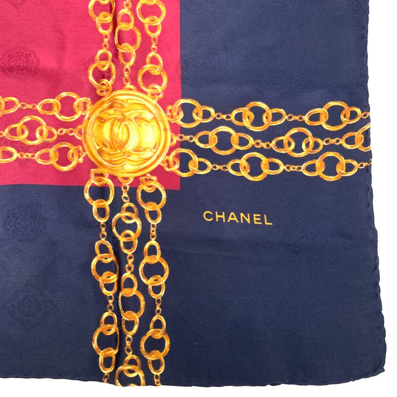 Chanel Silk Scarf Large Size Coco Mark Chain Pattern Burgundy And Navy
