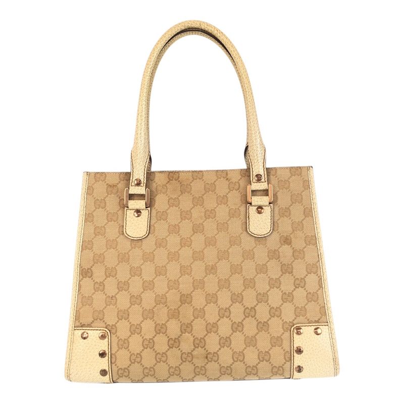 Gucci GG Canvas Studded Ivory Gold Hardware Canvas/leather 124260 Tote Bag