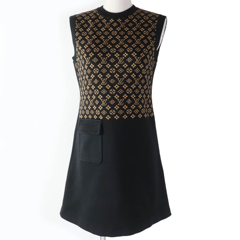 Louis Vuitton 2024 1abykg Silk Monogram Jacquard Knit Dress Black Brown XS Made