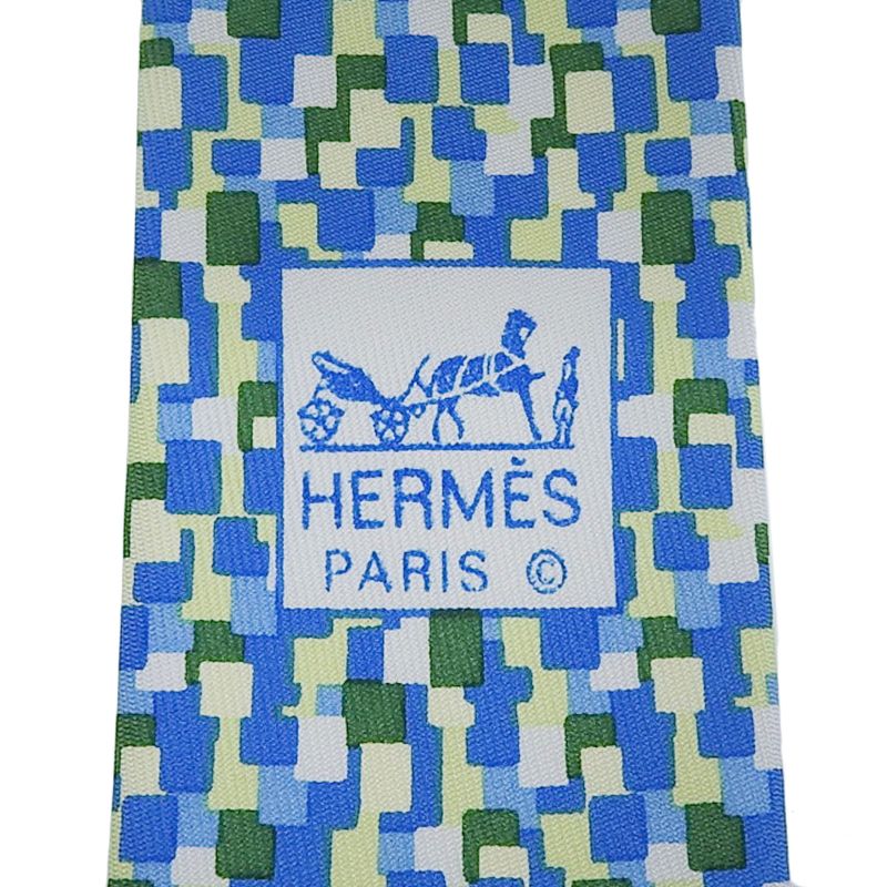 Hermes 5089 PA 100% Silk All-over Logo Print Tie Blue Green Multi Made In