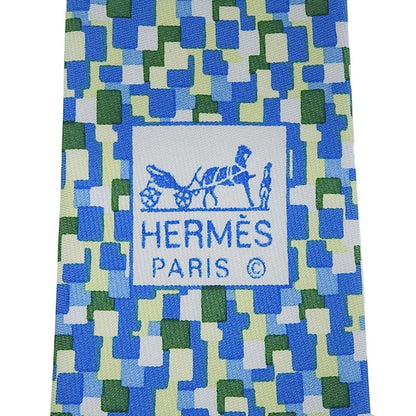 Hermes 5089 PA 100% Silk All-over Logo Print Tie Blue Green Multi Made In