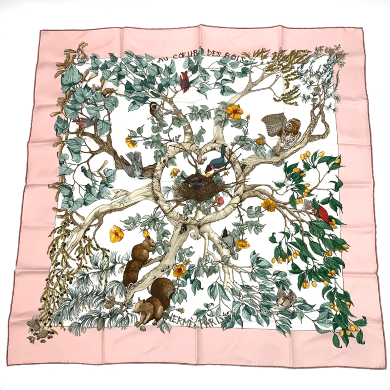 Hermes Carre 90 U Coeur DES BOIS In The Woods Pink 100% Silk Scarf
