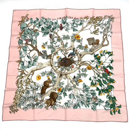 Hermes Carre 90 U Coeur DES BOIS In The Woods Pink 100% Silk Scarf