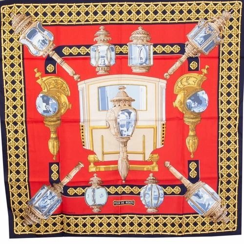 HERMES Silk Scarf Carre 90 FEUX DE ROUTE Carriage Lantern Red Gold