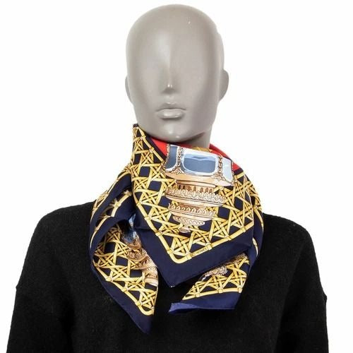 HERMES Silk Scarf Carre 90 FEUX DE ROUTE Carriage Lantern Red Gold