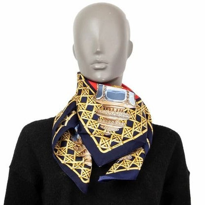 HERMES Silk Scarf Carre 90 FEUX DE ROUTE Carriage Lantern Red Gold