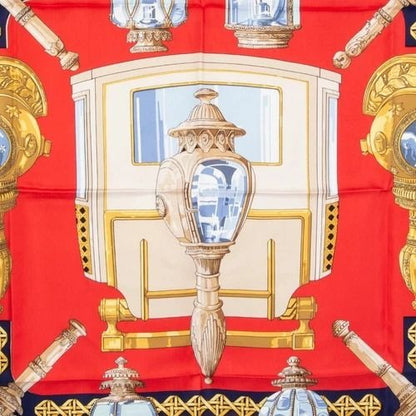 HERMES Silk Scarf Carre 90 FEUX DE ROUTE Carriage Lantern Red Gold