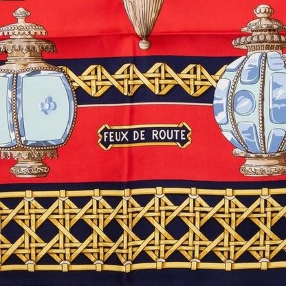HERMES Silk Scarf Carre 90 FEUX DE ROUTE Carriage Lantern Red Gold