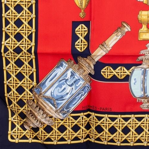 HERMES Silk Scarf Carre 90 FEUX DE ROUTE Carriage Lantern Red Gold