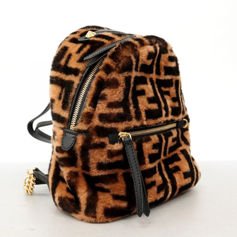 Fendi Backpack Daypack Zucca Fur Brown Black Gold Hardware Women's