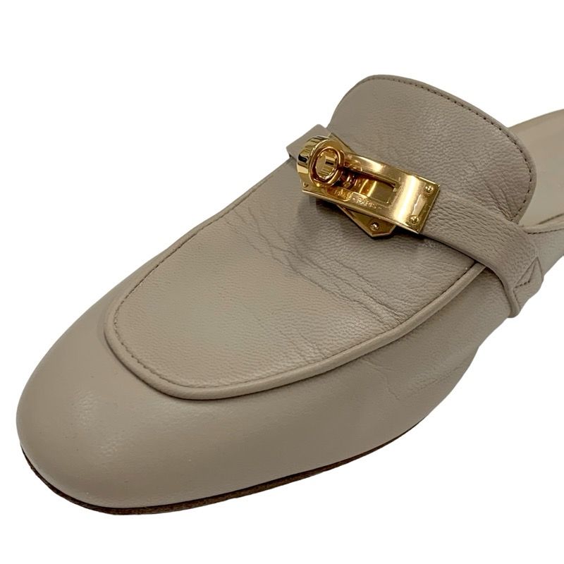 Hermes Oz Flat Shoes Leather Beige Gold Mule Kelly Hardware