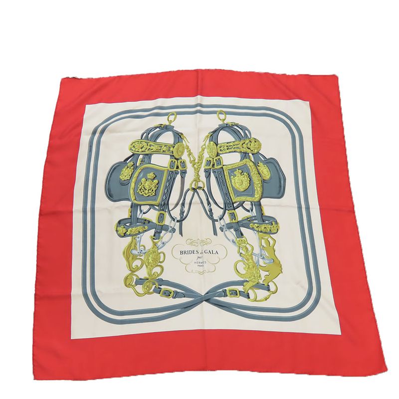 Hermes Scarf Carre 90 Silk Red Gold Gray Ceremonial Maitreya Apparel Women