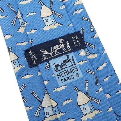 Hermes Necktie with Windmill Pattern 8.5cm (3.35in) Silk Blue and White Blue