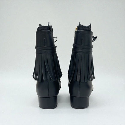 Chanel Boots Short Boots Shoes Leather Black Here Mark Fringe