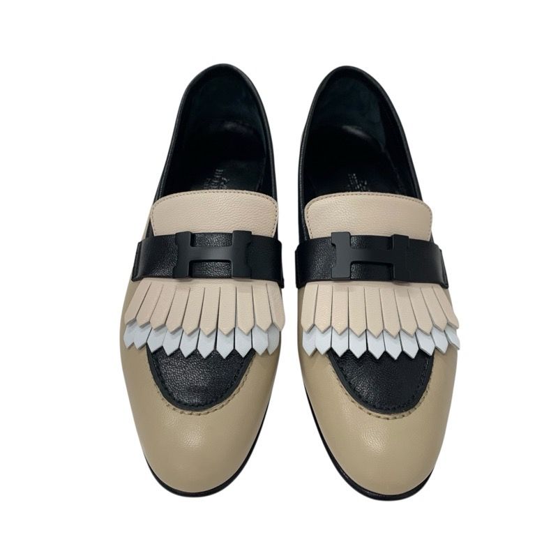 Hermes Royal Loafer Leather Shoes Leather Beige Black White Hhardware Constance