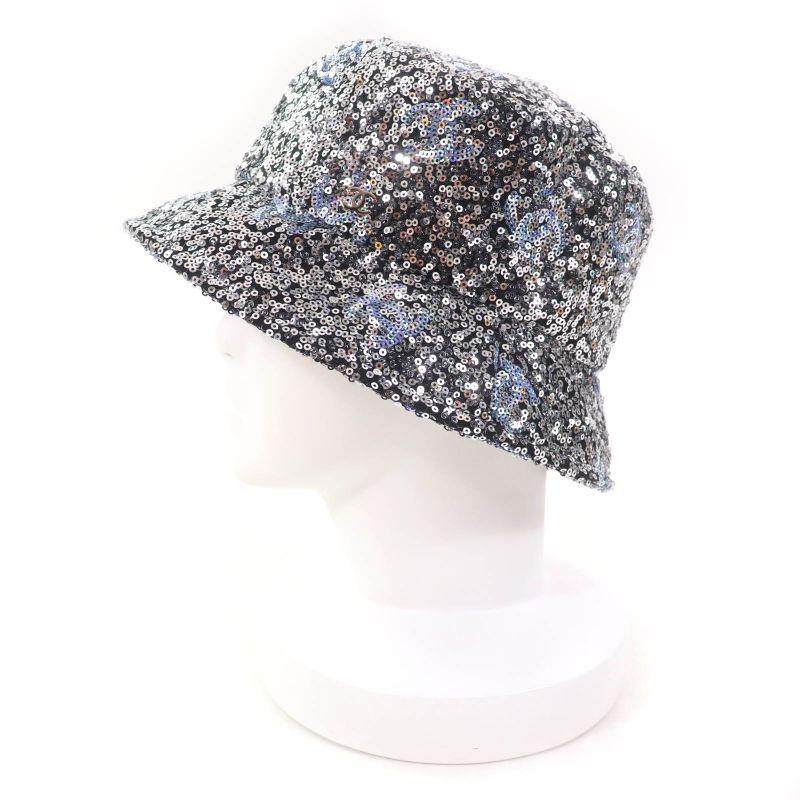 CHANEL 24C Sequined Coco Mark Bucket Hat Silver M Ladies