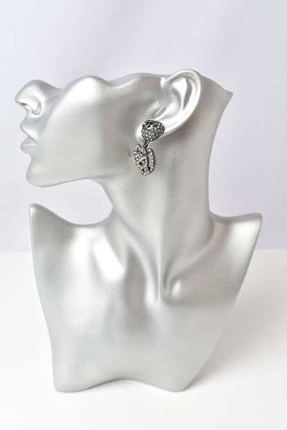 Chanel Earrings Camellia Motif With Coco Mark Rhinestones In Chrome Silver