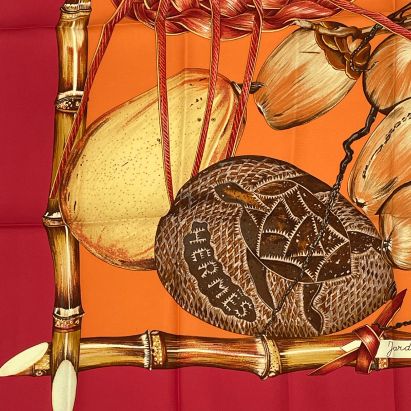 Hermes Carre 90 Jardin Creole Cles Or's Paradise Silk Scarf Red