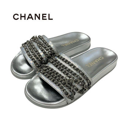 Chanel Sandals Shoes Leather Silver Coco Mark Chain Flat Mule