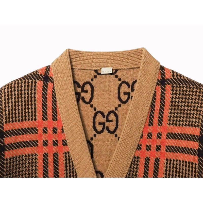 Gucci GG Wool Check Reversible Cardigan Glen Check Woven Long Sleeve Women's V