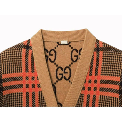 Gucci GG Wool Check Reversible Cardigan Glen Check Woven Long Sleeve Women's V