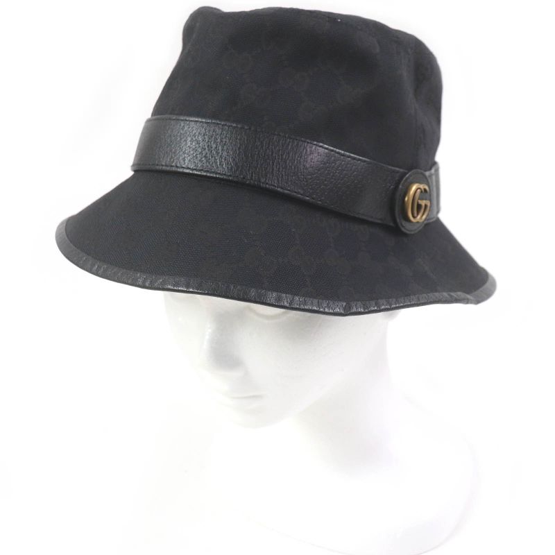 Gucci 576587 GG Canvas Leather Piping Fedora Hat Bucket Hat Black M/58cm