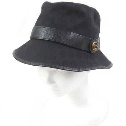 Gucci 576587 GG Canvas Leather Piping Fedora Hat Bucket Hat Black M/58cm