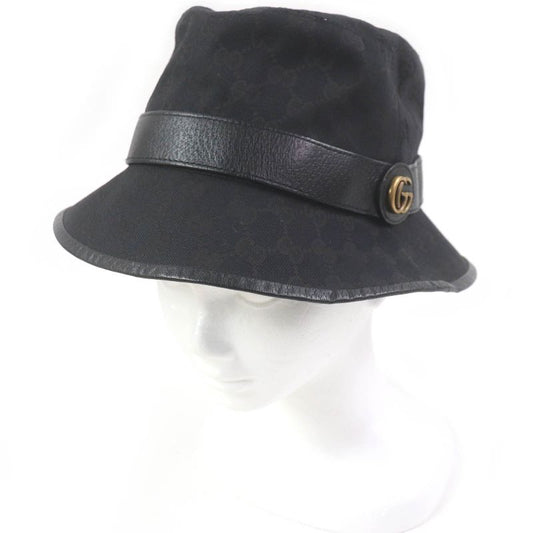 Gucci 576587 GG Canvas Leather Piping Fedora Hat Bucket Hat Black M/58cm