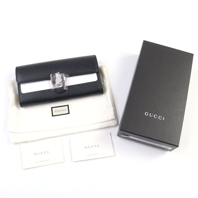 Gucci 615524 Leather Interlocking G Grained Accordion Closure Long Wallet With