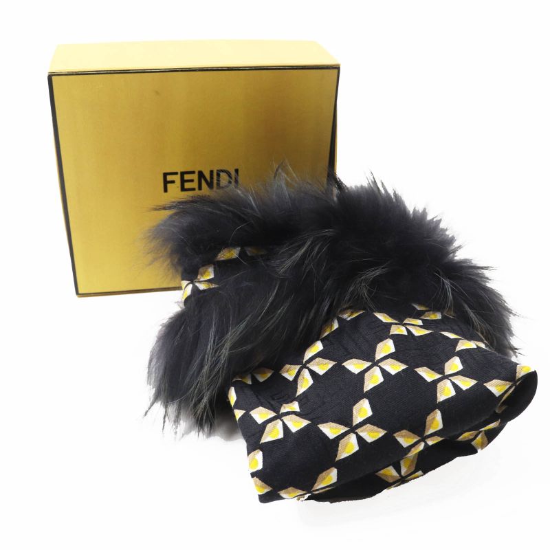 Fendi Fxt069 Silk Blend Raccoon Fur Zucca Pattern Scarf Black Yellow Beige