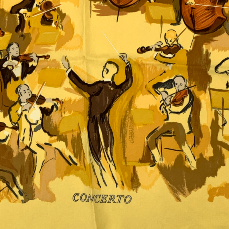 Hermes Carre 90 Concerto Yellow 100% Silk Scarf