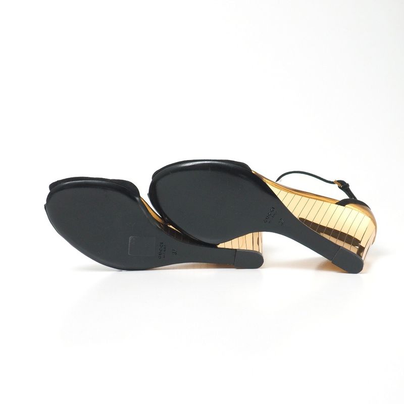 Gucci Sandals Size 37 Mirrored Wedge Sole Ankle Strap Suede Gold Black Shoes