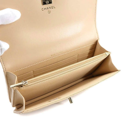 Exhibited Chanel Matelasse 2way Hand Chain Wallet Long Wallet Lambskin Beige