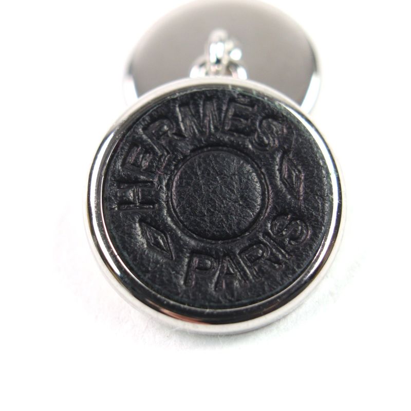 Hermes Sellier Design Logo Engraved Leather Use Round Shape Cufflinks Button