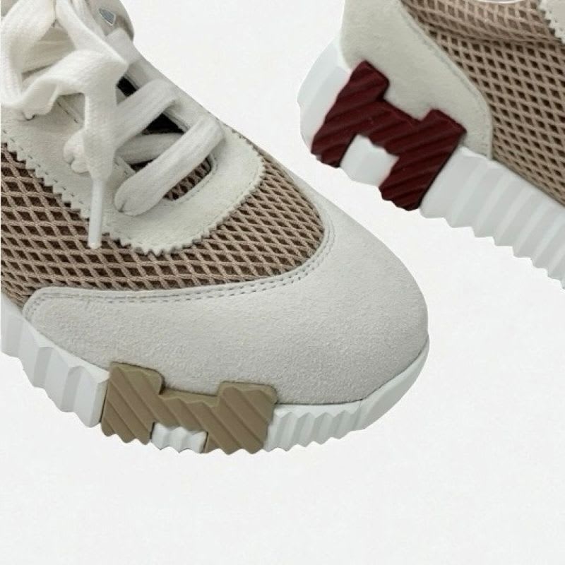 Hermes Bouncing Sneakers Shoes Suede Mesh Beige White