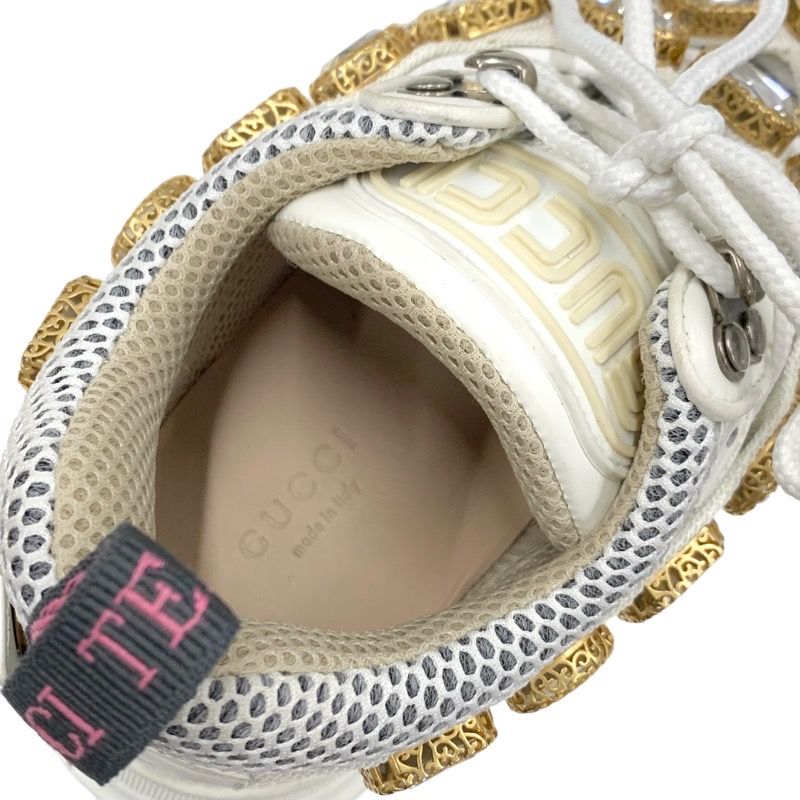 Gucci Flashtrek Sneakers Shoes Leather Fabric White Beige White Gold Logo Bijou