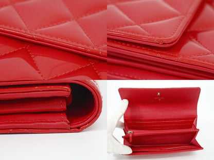 Authentic Chanel Coco Mark Matelasse Long Wallet Patent Leather Red Matelasse