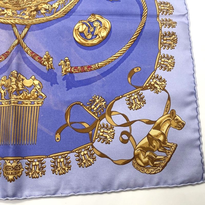 Hermes Carré 42 Golden Knight 100% Silk Scarf Blue Used 005541