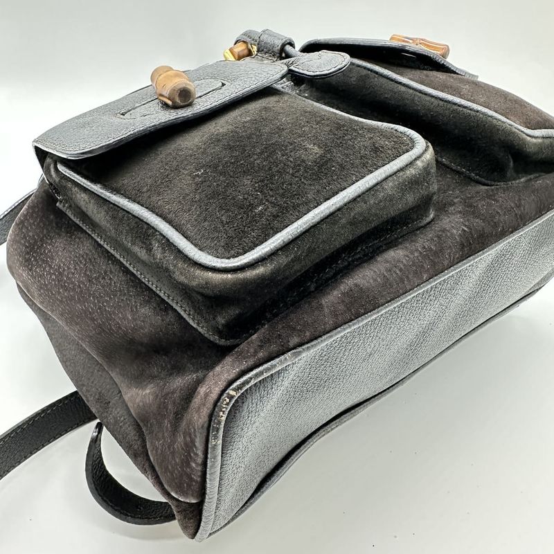Gucci 003-2058 Bamboo Backpack Daypack Backpack Black Suede Women Men Vintage