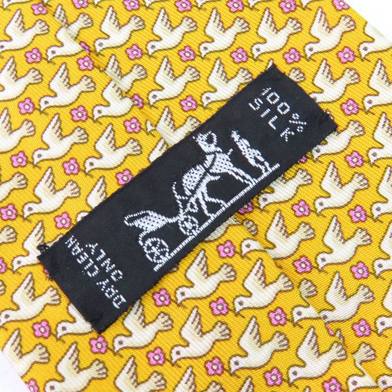 Hermes 100% Silk Regimental Pigeon Dove Cravat Tie Yellow Tone Made In France